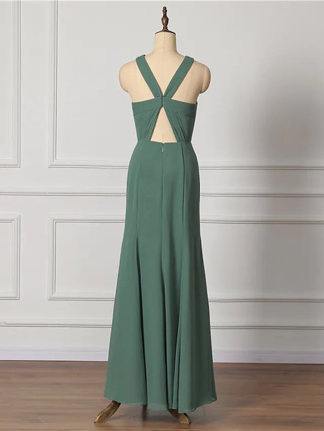 Full view of a flowing A-line bridesmaid dress featuring delicate draping and sleeveless design.