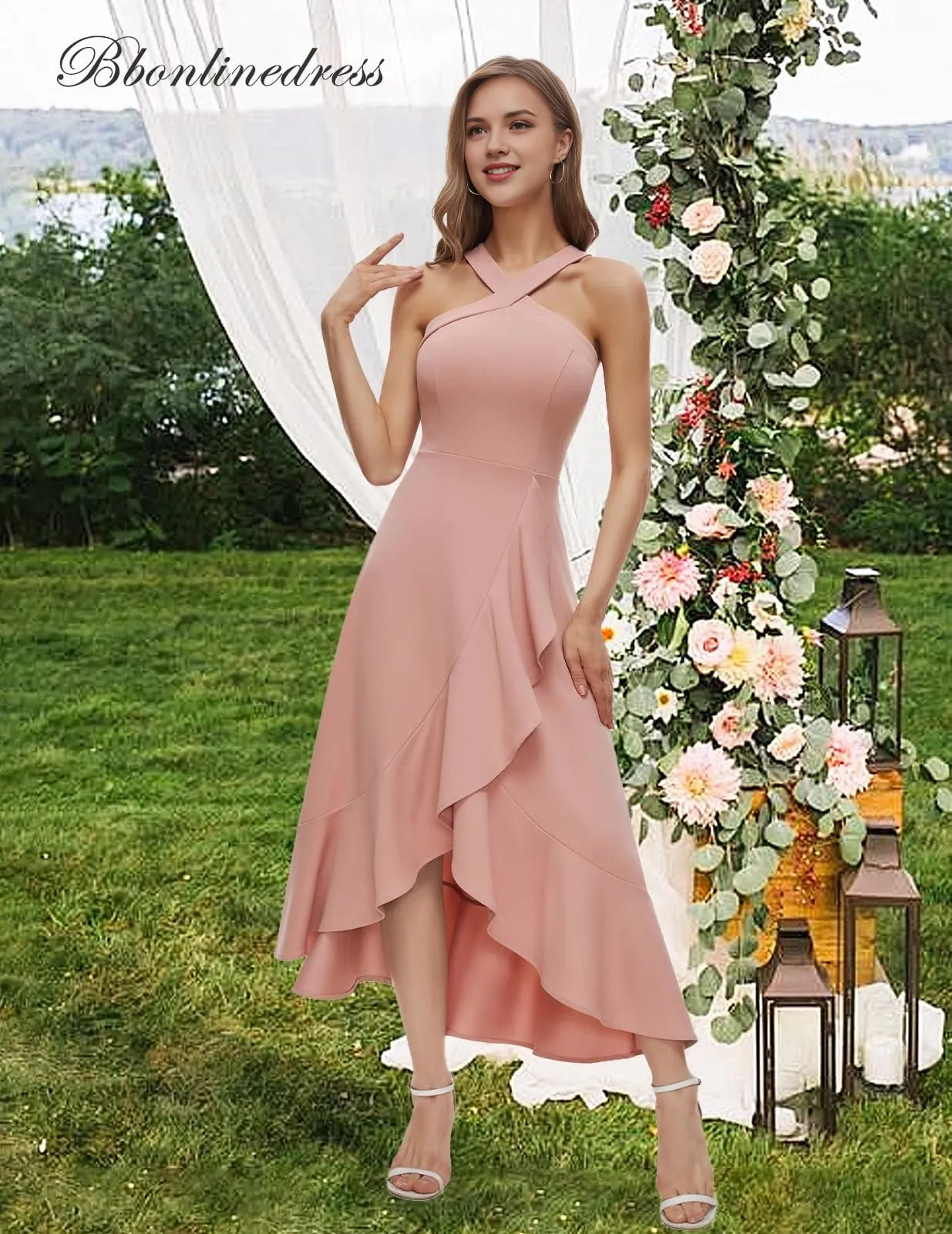 Elegant A-Line Cross Halter Sleeveless Cross-Back Midi Homecoming Dress