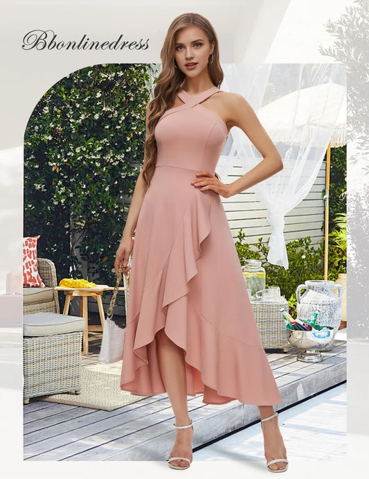 Elegant A-Line Cross Halter Sleeveless Cross-Back Midi Homecoming Dress