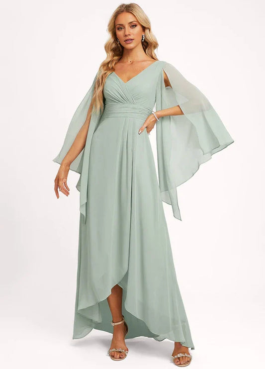 Elegant A-Line Deep V-Neck Flare Sleeve Tie-Back High-Low Chiffon Maxi Evening Dress