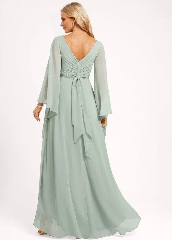 Elegant A-Line Deep V-Neck Flare Sleeve Tie-Back High-Low Chiffon Maxi Evening Dress