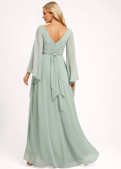 Elegant A-Line Deep V-Neck Flare Sleeve Tie-Back High-Low Chiffon Maxi Evening Dress