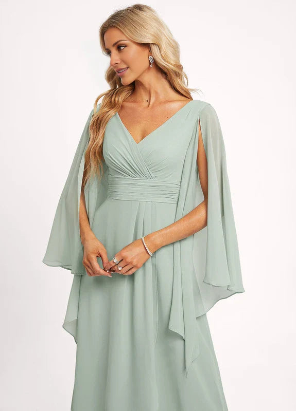 Elegant A-Line Deep V-Neck Flare Sleeve Tie-Back High-Low Chiffon Maxi Evening Dress