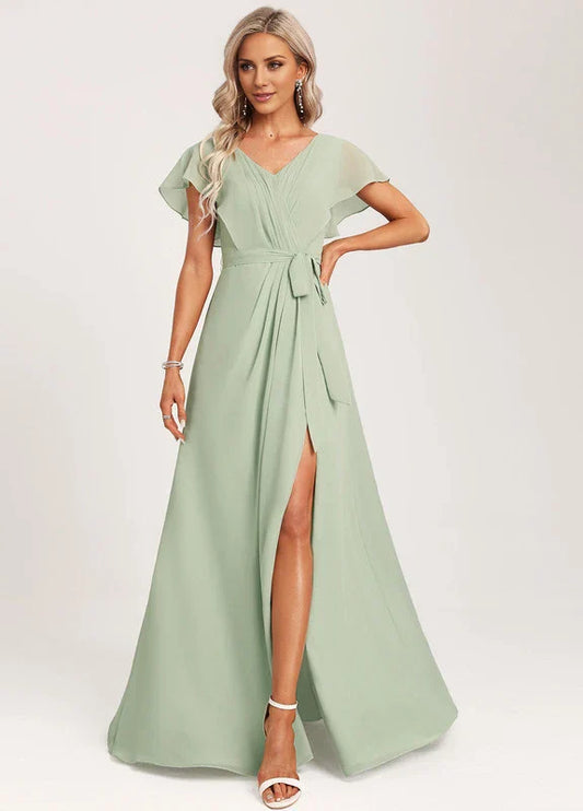 Elegant A-Line Deep V-Neck Flutter Sleeve Belted High-Slit Chiffon Maxi Evening Dress