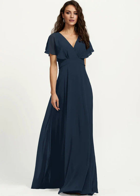 Elegant A-Line Deep V-Neck Flutter Sleeve Chiffon Bow Back Maxi Evening Dress