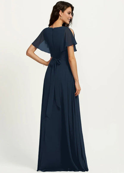 Elegant A-Line Deep V-Neck Flutter Sleeve Chiffon Bow Back Maxi Evening Dress