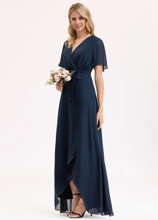 Elegant A-Line Deep V-Neck Flutter Sleeve Chiffon High-Low Maxi Evening Dress