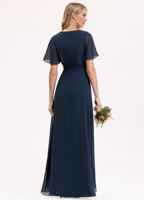 Elegant A-Line Deep V-Neck Flutter Sleeve Chiffon High-Low Maxi Evening Dress