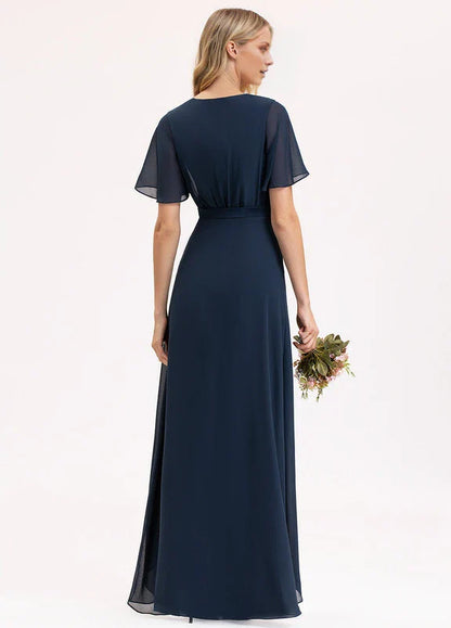 Elegant A-Line Deep V-Neck Flutter Sleeve Chiffon High-Low Maxi Evening Dress