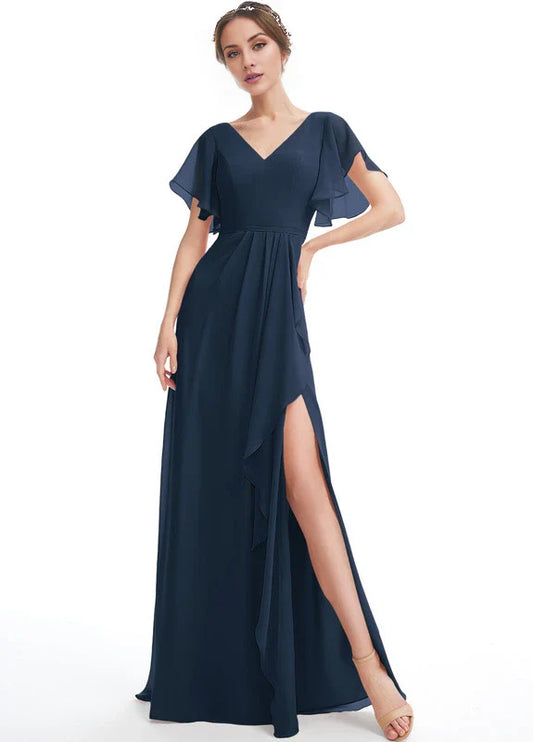 Elegant A-Line Deep V-Neck Flutter Sleeve Ruffle High-Slit Chiffon Maxi Evening Dress
