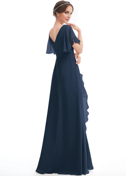 Elegant A-Line Deep V-Neck Flutter Sleeve Ruffle High-Slit Chiffon Maxi Evening Dress