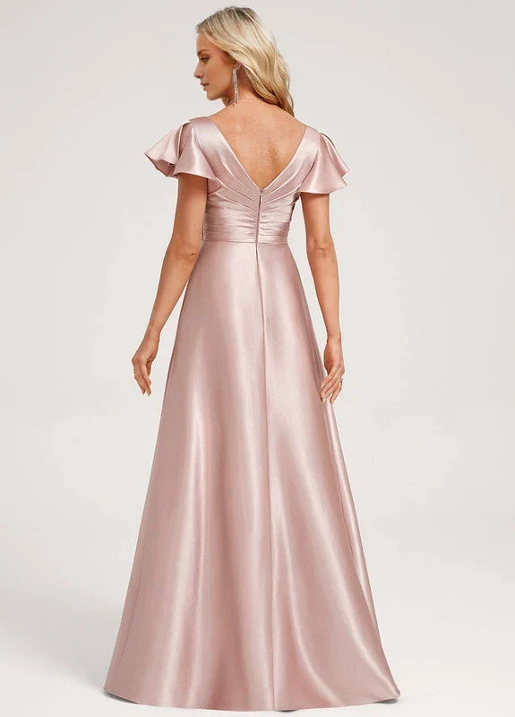Elegant A-Line Deep V-Neck Flutter Sleeve Ruffle-Trim High-Low Satin Maxi Evening Dress