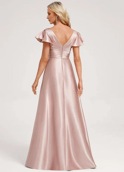 Elegant A-Line Deep V-Neck Flutter Sleeve Ruffle-Trim High-Low Satin Maxi Evening Dress