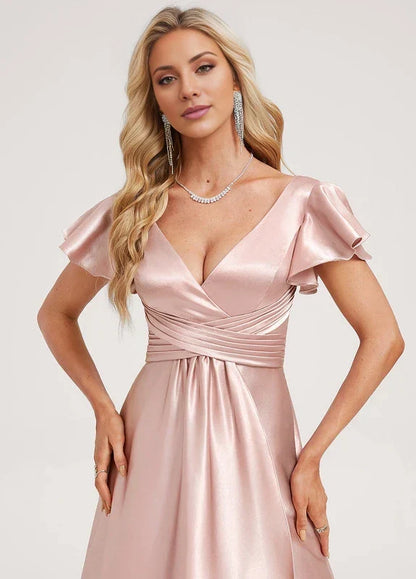 Elegant A-Line Deep V-Neck Flutter Sleeve Ruffle-Trim High-Low Satin Maxi Evening Dress