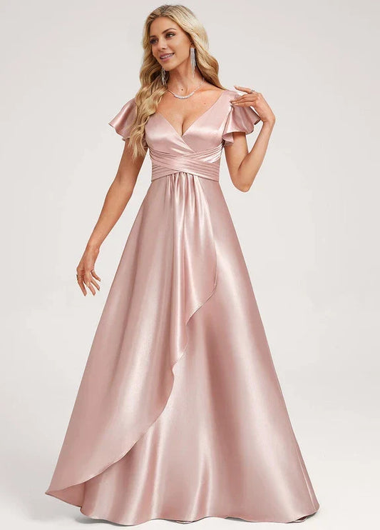 Elegant A-Line Deep V-Neck Flutter Sleeve Ruffle-Trim High-Low Satin Maxi Evening Dress