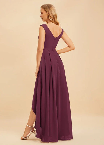 Elegant A-Line Deep V-Neck High-Low Ruffle-Trim Chiffon Evening Dress