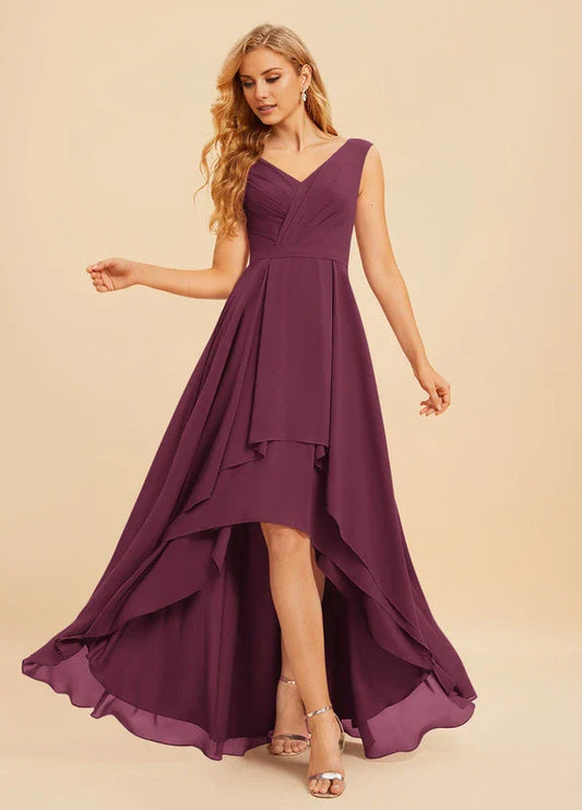 Elegant A-Line Deep V-Neck High-Low Ruffle-Trim Chiffon Evening Dress