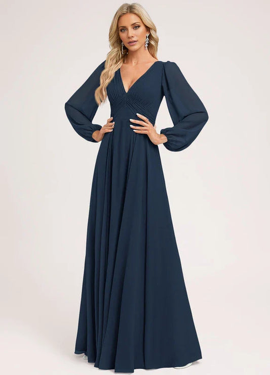 Elegant A-Line Deep V-Neck Long Puff Sleeve Ruched Chiffon Maxi Evening Dress
