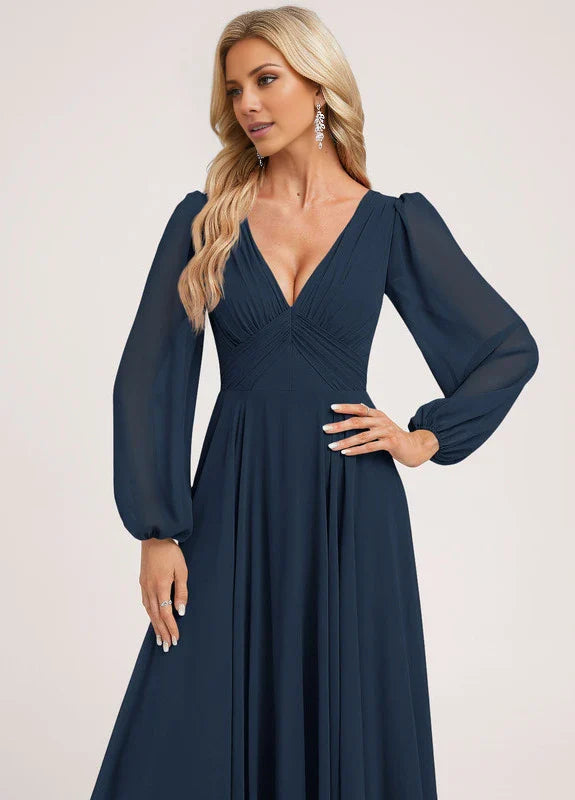 Elegant A-Line Deep V-Neck Long Puff Sleeve Ruched Chiffon Maxi Evening Dress