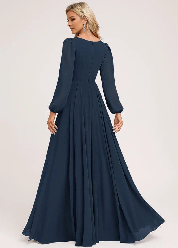 Elegant A-Line Deep V-Neck Long Puff Sleeve Ruched Chiffon Maxi Evening Dress
