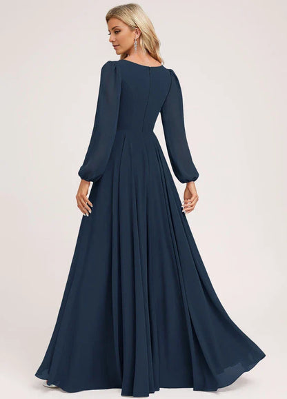 Elegant A-Line Deep V-Neck Long Puff Sleeve Ruched Chiffon Maxi Evening Dress