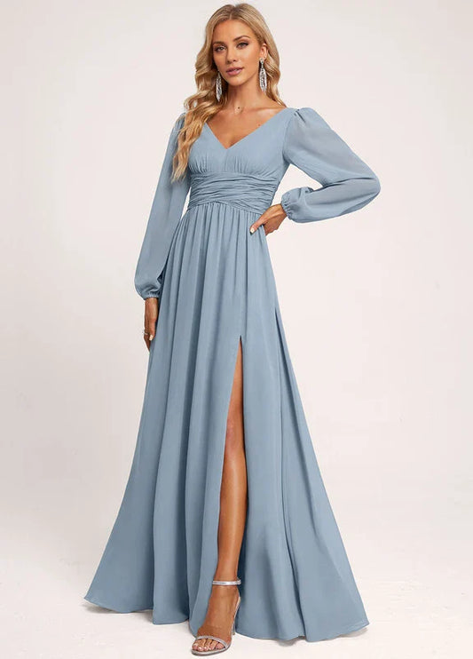 Elegant A-Line Deep V-Neck Long Puff Sleeve Ruched High-Slit Chiffon Maxi Evening Dress