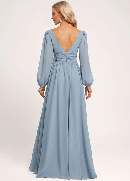 Elegant A-Line Deep V-Neck Long Puff Sleeve Ruched High-Slit Chiffon Maxi Evening Dress