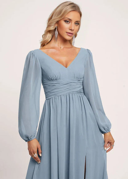 Elegant A-Line Deep V-Neck Long Puff Sleeve Ruched High-Slit Chiffon Maxi Evening Dress