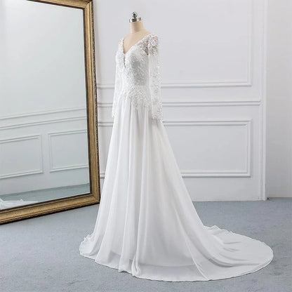 Elegant A-Line Deep V-Neck Long Sleeve Lace-Up Back Floor-Length Wedding Dress