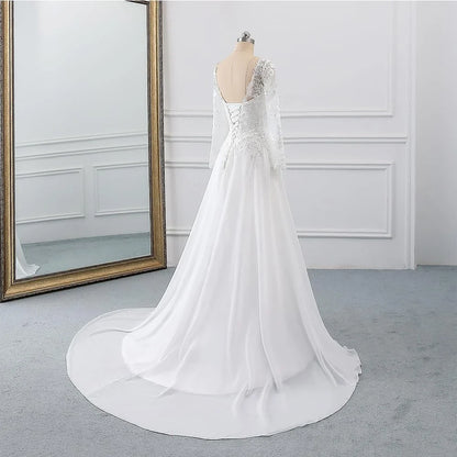 Elegant A-Line Deep V-Neck Long Sleeve Lace-Up Back Floor-Length Wedding Dress