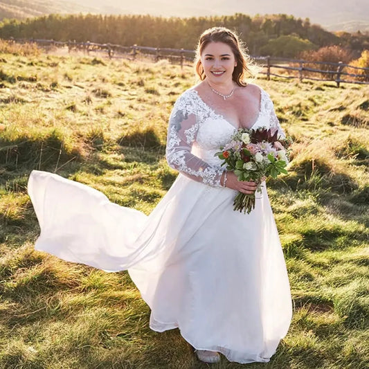 Elegant A-Line Deep V-Neck Long Sleeve Lace-Up Back Floor-Length Wedding Dress