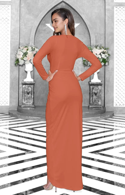 Elegant A-Line Deep V-Neck Long Sleeve Ruched Waist High-Slit Zip Back Maxi Evening Dress