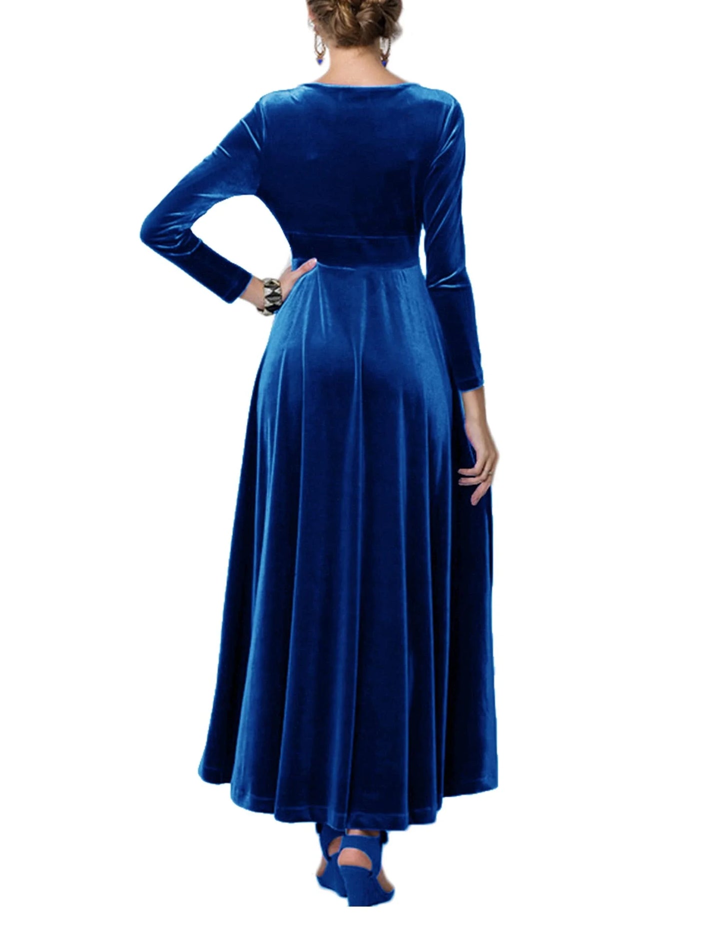 Elegant A-Line Deep V-Neck Long Sleeve Backless Velvet Maxi Evening Dress
