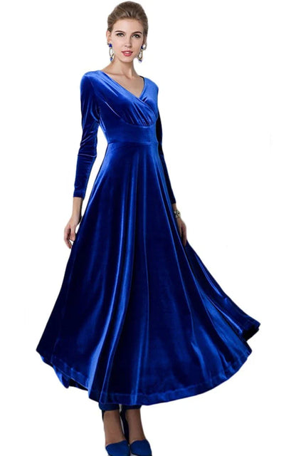 Elegant A-Line Deep V-Neck Long Sleeve Backless Velvet Maxi Evening Dress