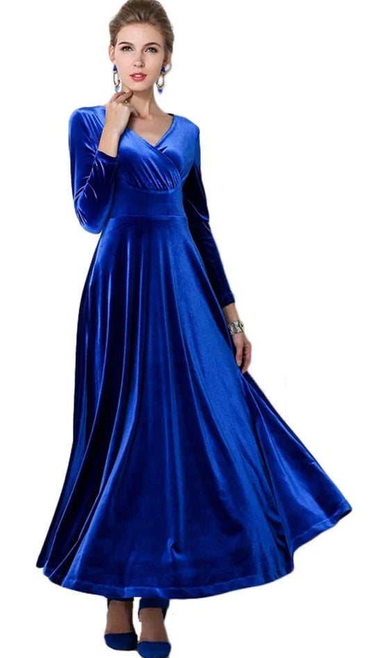 Elegant A-Line Deep V-Neck Long Sleeve Backless Velvet Maxi Evening Dress