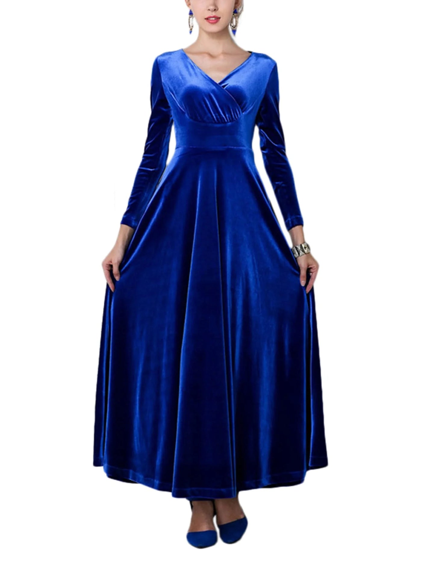 Elegant A-Line Deep V-Neck Long Sleeve Backless Velvet Maxi Evening Dress