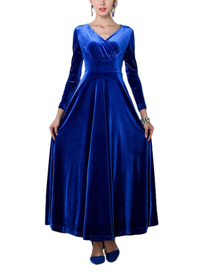 Elegant A-Line Deep V-Neck Long Sleeve Backless Velvet Maxi Evening Dress