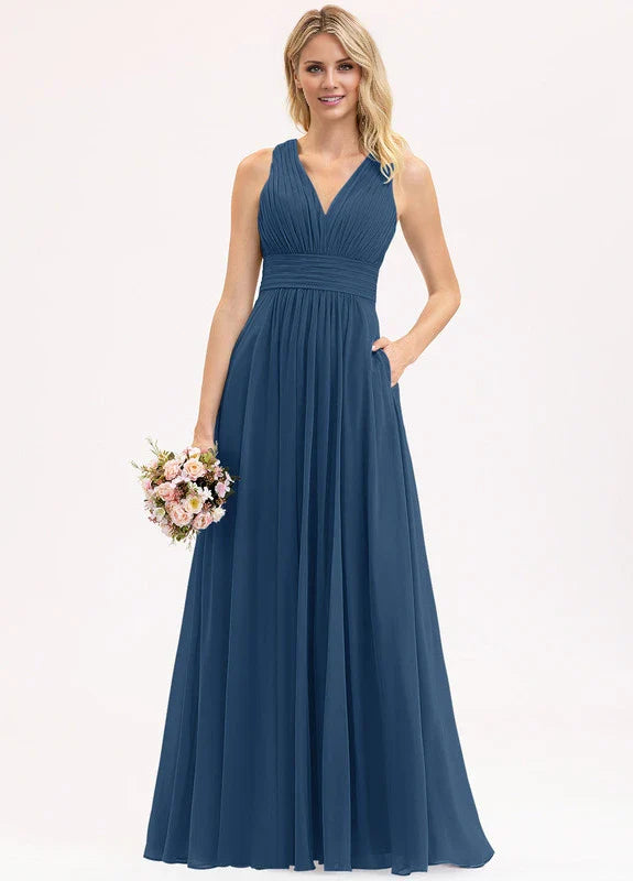 Elegant A-Line Deep V-Neck Ruched Chiffon Maxi Evening Dress with Pockets