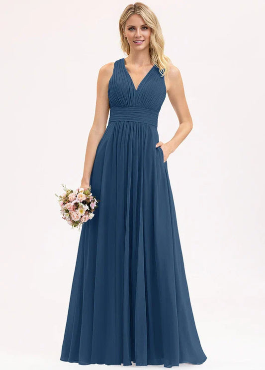 Elegant A-Line Deep V-Neck Ruched Chiffon Maxi Evening Dress with Pockets
