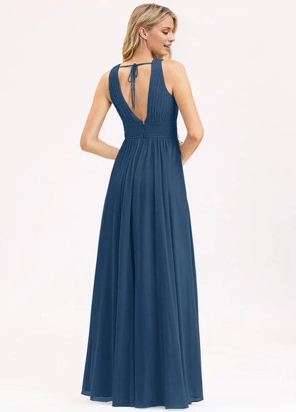 Elegant A-Line Deep V-Neck Ruched Chiffon Maxi Evening Dress with Pockets
