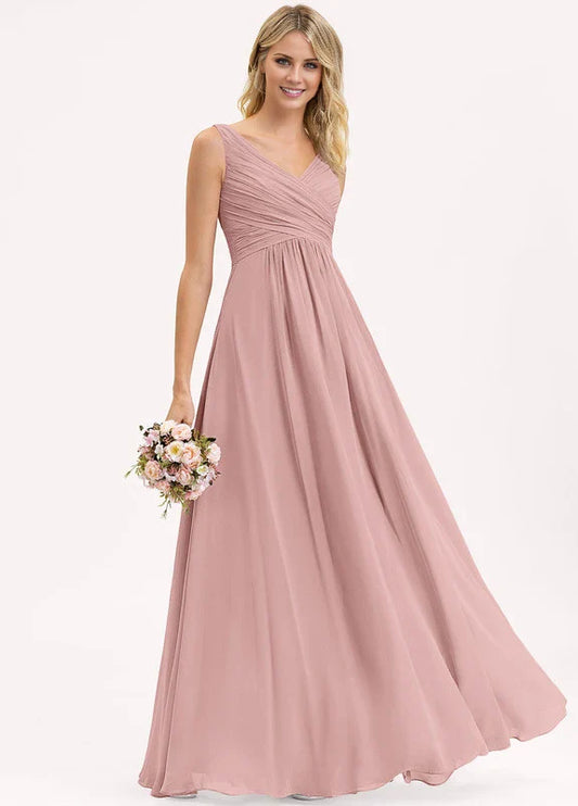 Elegant A-Line Deep V-Neck Ruched Chiffon Maxi Evening Dress