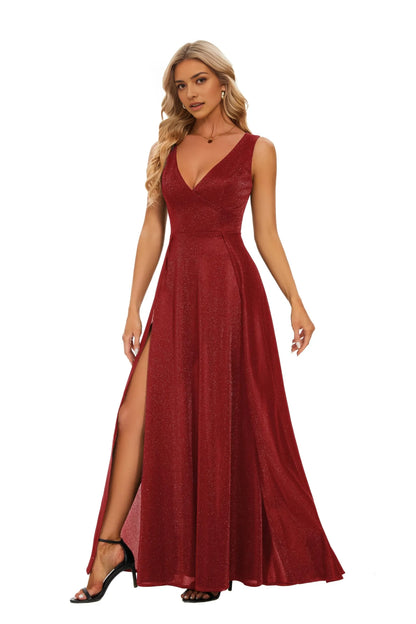Elegant A-Line Deep V-Neck Sleeveless Glitter High-Slit Maxi Evening Dress