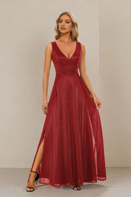 Elegant A-Line Deep V-Neck Sleeveless Glitter High-Slit Maxi Evening Dress