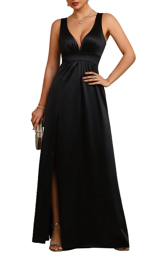 Elegant A-Line Deep V-Neck Sleeveless High-Slit Maxi Evening Dress