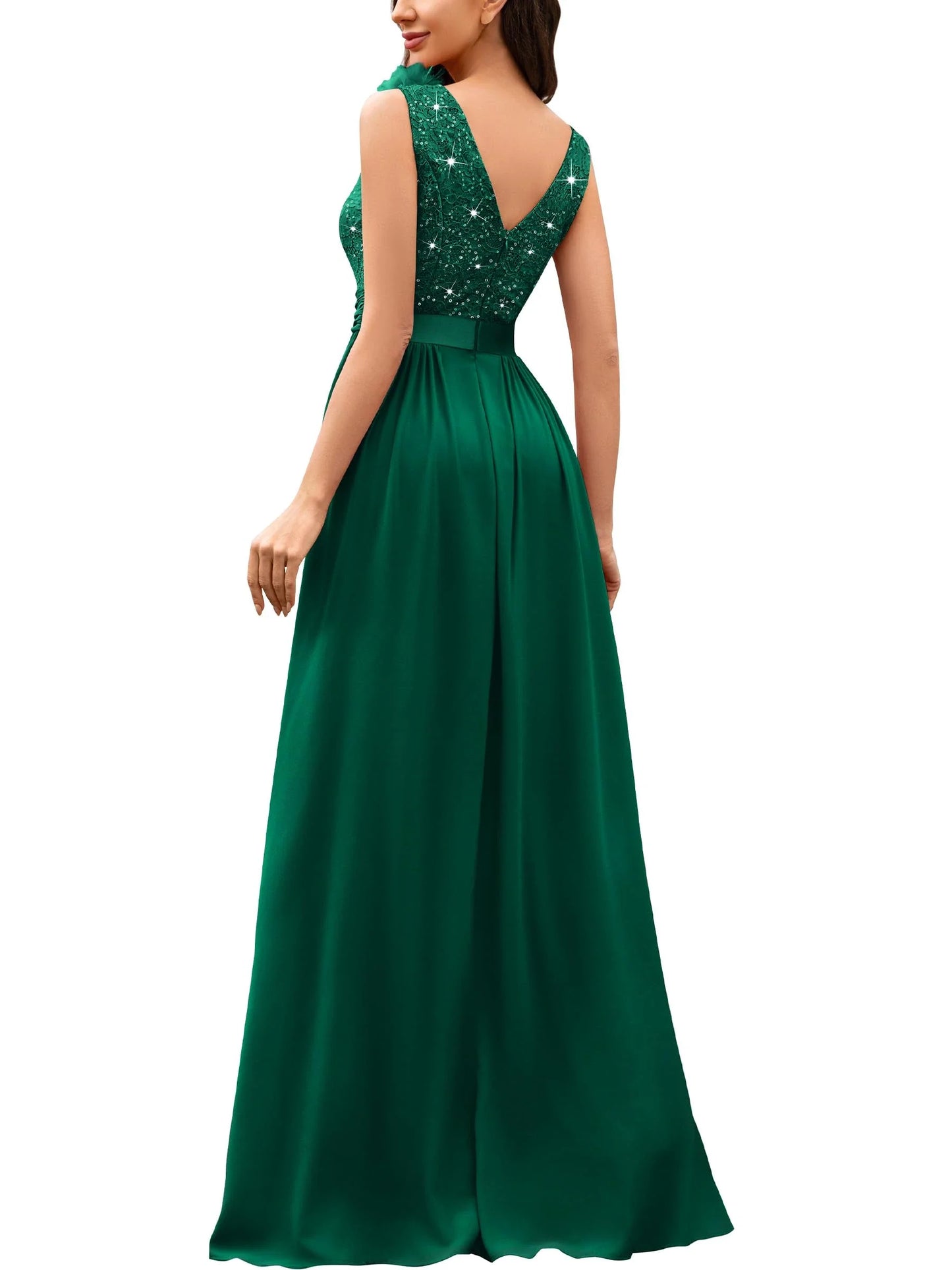 Elegant A-Line Deep V-Neck Sleeveless Lace Beaded High-Slit Maxi Evening Dress