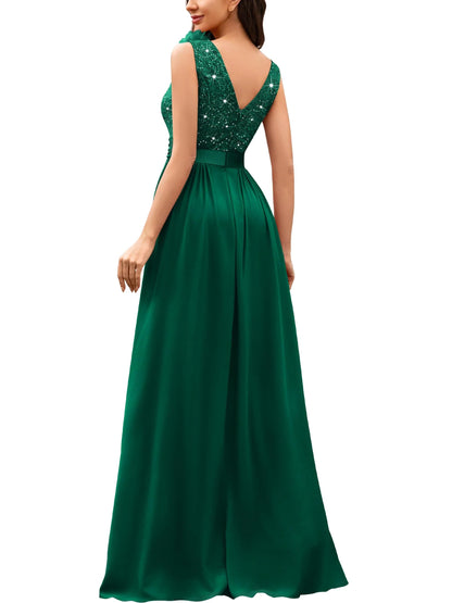 Elegant A-Line Deep V-Neck Sleeveless Lace Beaded High-Slit Maxi Evening Dress