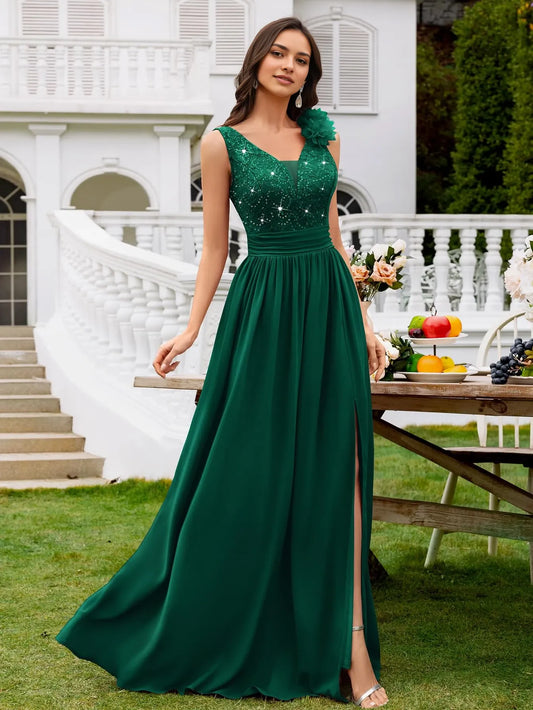 Elegant A-Line Deep V-Neck Sleeveless Lace Beaded High-Slit Maxi Evening Dress