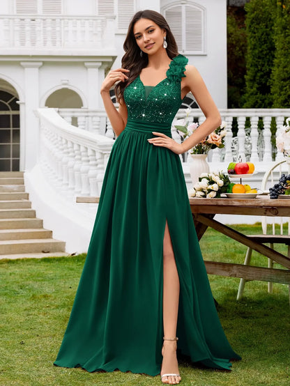 Elegant A-Line Deep V-Neck Sleeveless Lace Beaded High-Slit Maxi Evening Dress