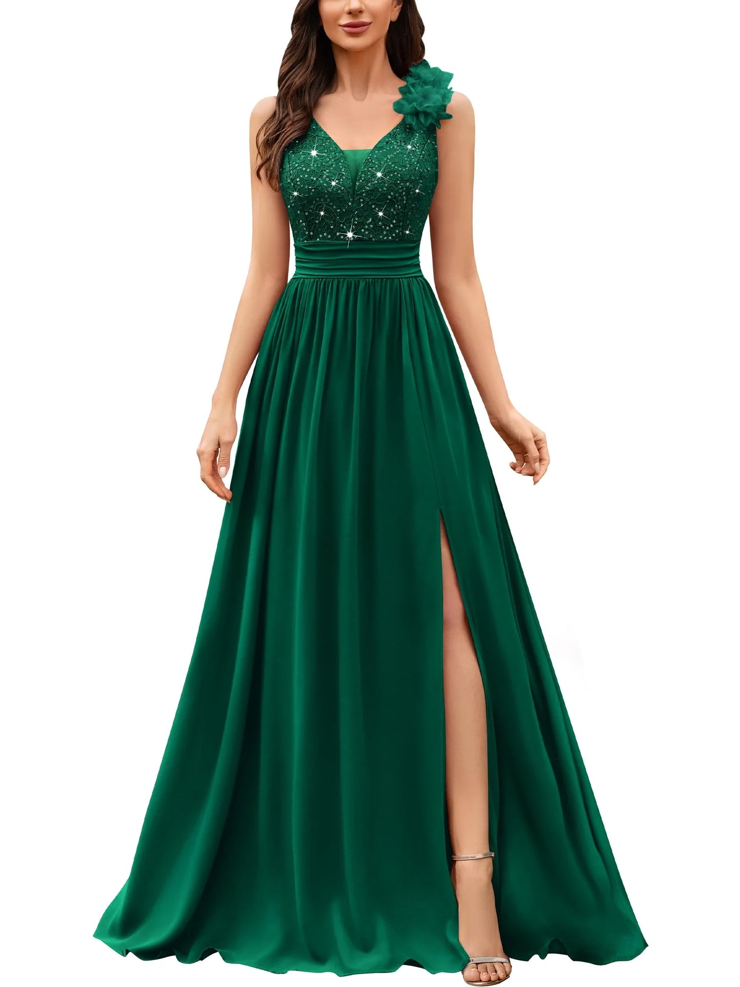 Elegant A-Line Deep V-Neck Sleeveless Lace Beaded High-Slit Maxi Evening Dress