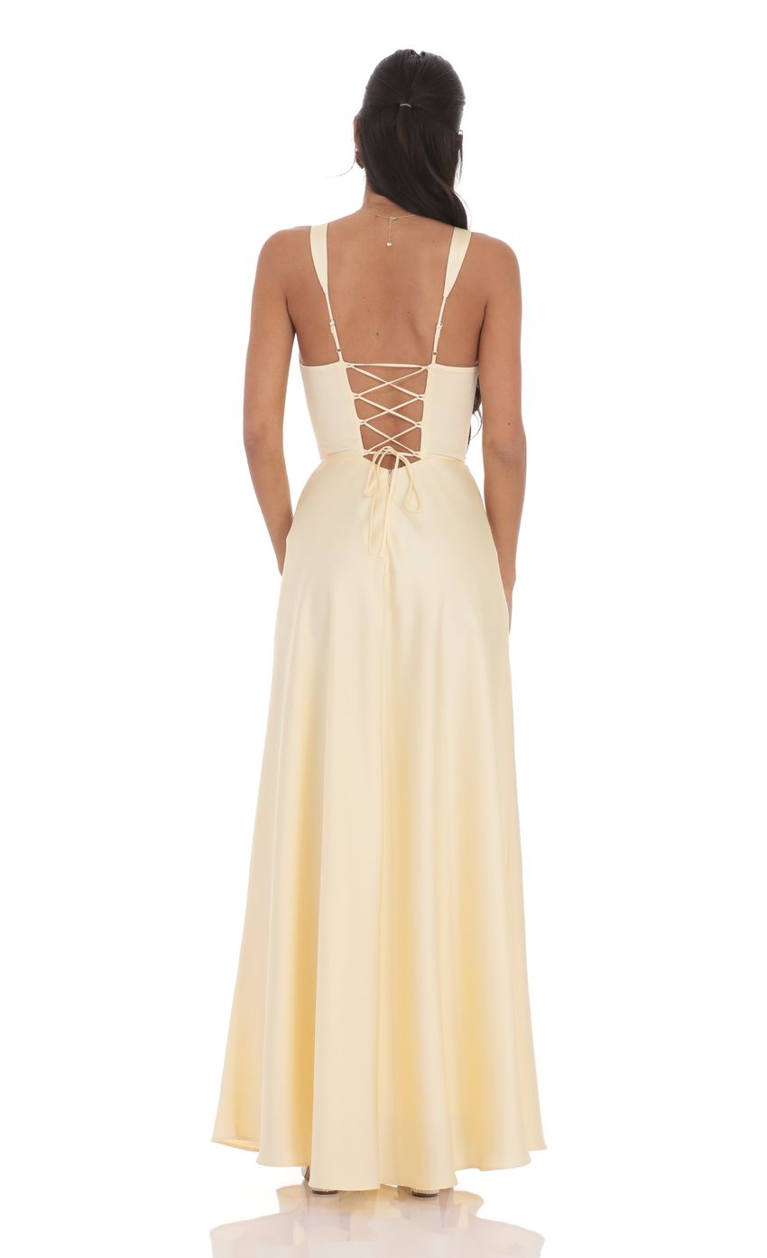 Elegant A-Line Deep V-Neck Sleeveless Lace-Up Open-Back Champagne Satin Floor-Length Prom Dresses